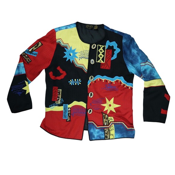 Julia Kim Jackets & Blazers - Julia Kim Art to Wear Abstract Multicolor Colorblock Wood Button Jacket Size M